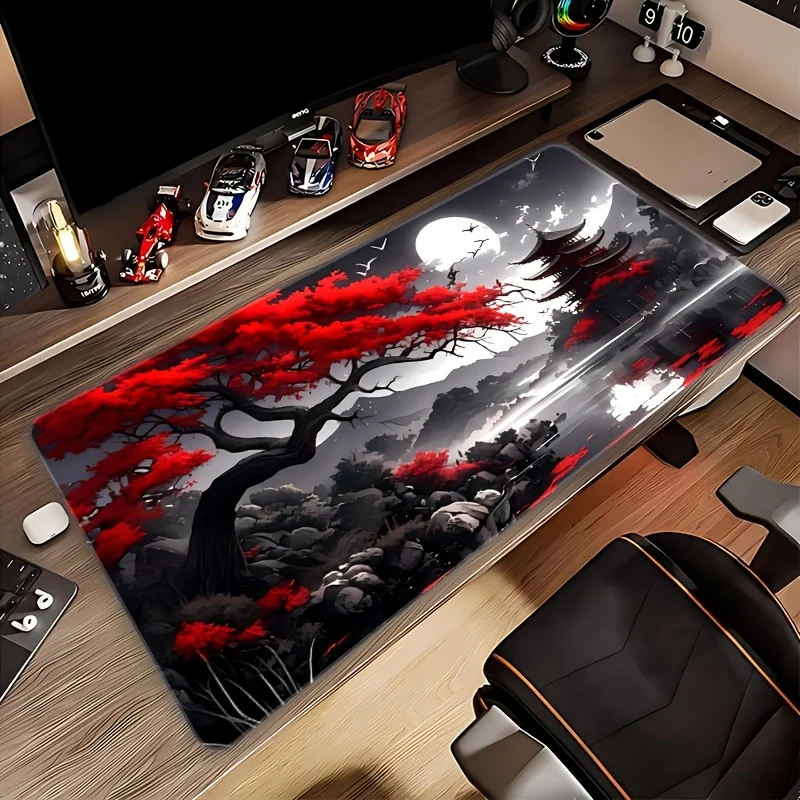 Aesthetic Red Leaf Pagoda Moon Print Large Mouse Pad, Smooth Rubber Desk Mat, Extra Large Gaming Mouse Mat for Home Office