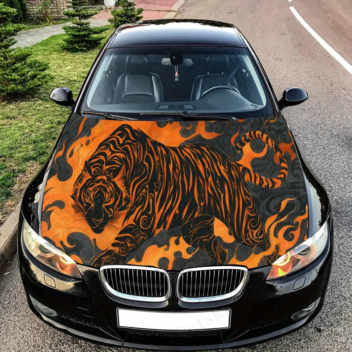

Artistic intense traditional fire - themed tiger Decal stickers for car hoods, stickers for decorating car covers, and vinyl wra