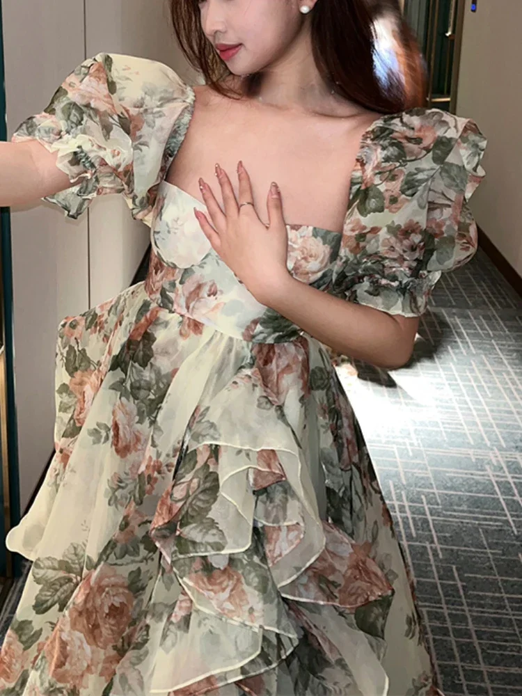 Print Floral France Vintage Dress Women Open Fork Elegant Evening Party Midi Dress Puff Sleeve Korea Sweet Dress Female 2023 New