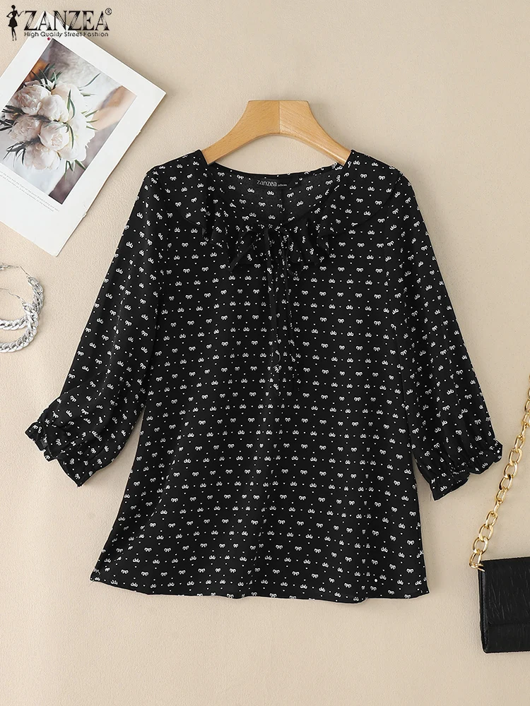 Zanzea babados guarnição blusas mulher moda o pescoço 3/4 puff manga arco estampas blusas mujer 2025 verão casual chemise femme