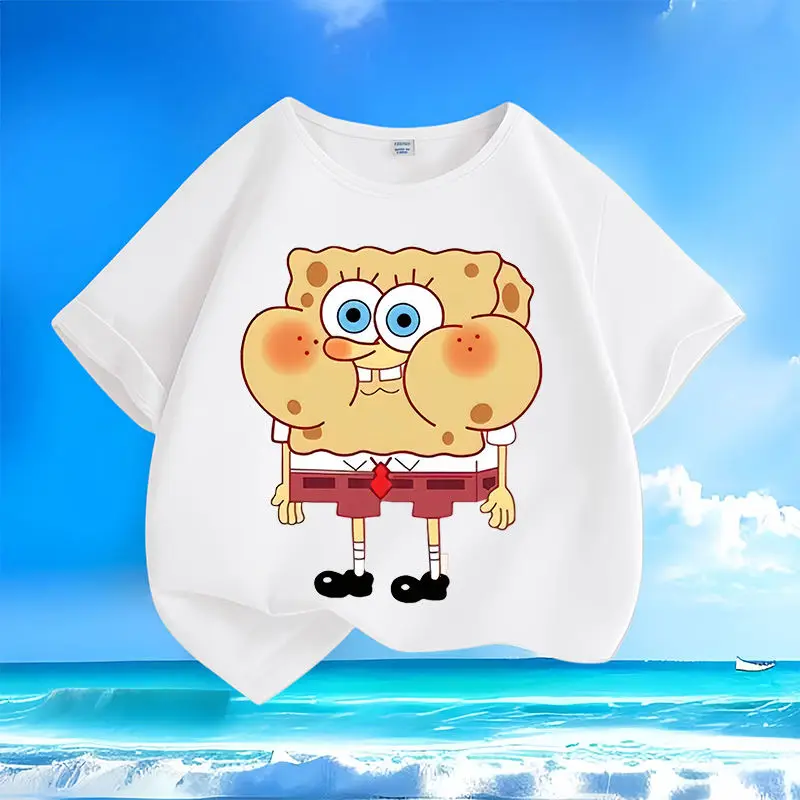 

2025 Different SpongeBob SquarePants Printed High Quality T-shirt for Boys and Girls Pure Cotton Round Neck Versatile Top