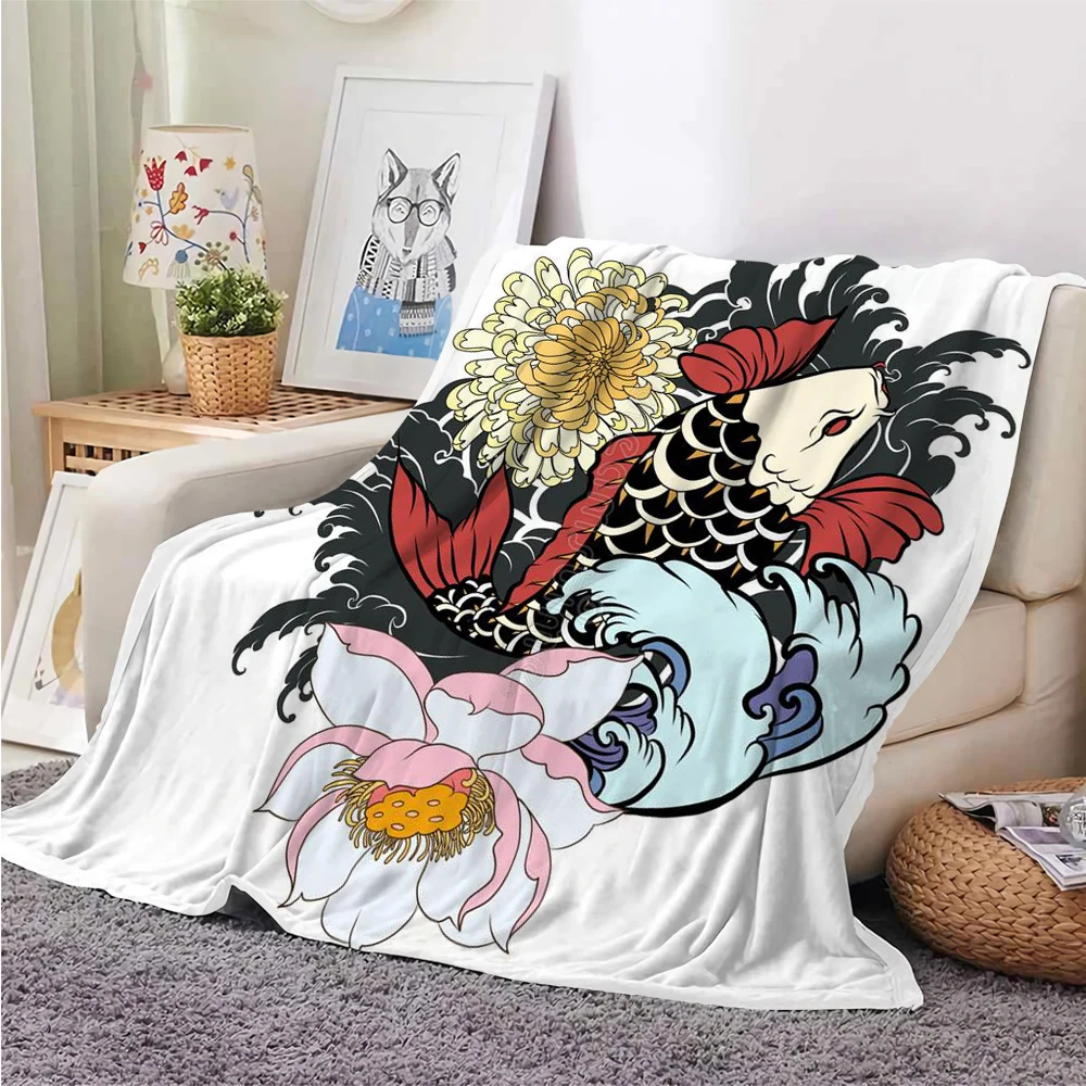 HX Japan Ukiyoe Blanket Kanagawa Surfing Black Koi Lotus 3D Printed Flannel Throw Blankets Warm Plush Quilts 200x150cm