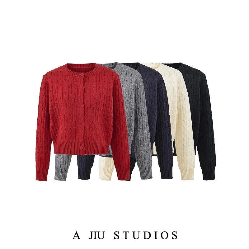 Korean Style Short Knitted Sweater Coat Women's Christmas Fashion Red Twist Knitwear Casual Loose Fit Long Sleeve Top