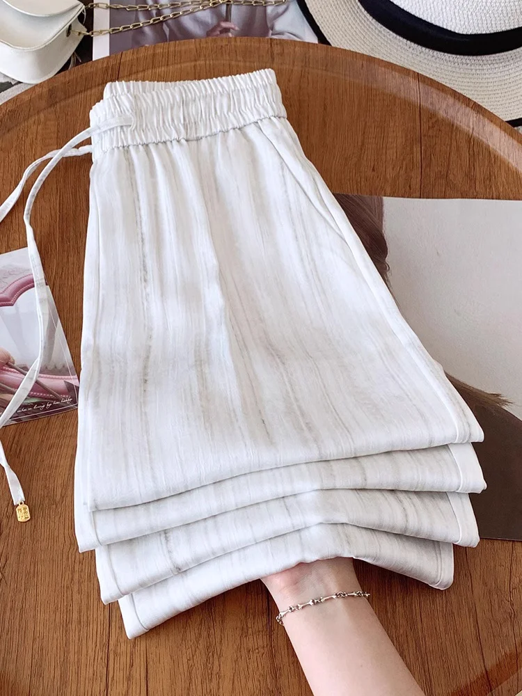 ハイウエストシルクシフォンストライプワイドレッグパンツ女性のカジュアルストレートシルクサテンルーズフィットフロアレングスパンツ夏