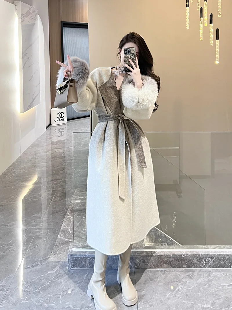 

Double-sided cashmere coat women's medium and long 2023 new autumn and winter silk long temperament gradually changing