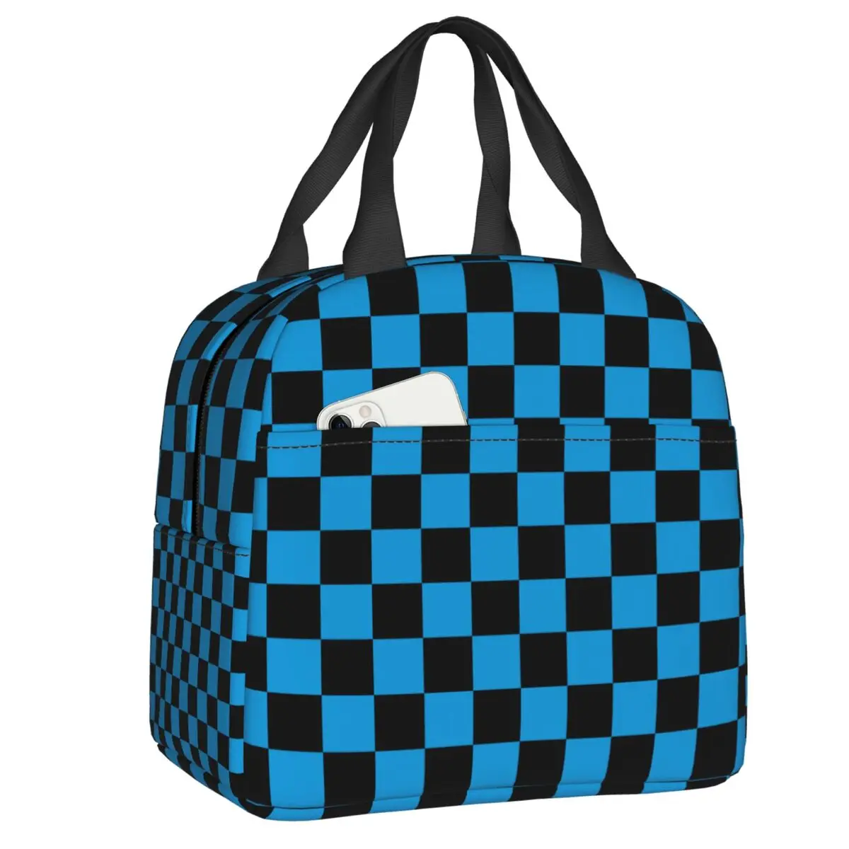 Custom Checkerboard Plaid Insulated Lunch Bag for Women Resuable Light Blue And Black Thermal Cooler Lunch Box Beach Camping