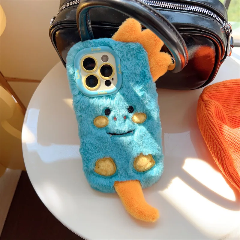 3D Cartoon Monster Lens Bracket Fluffy Plush Phone Case For iPhone 17 Air 16 15 14 13 12 11 Pro Max Shockproof Protective Cover