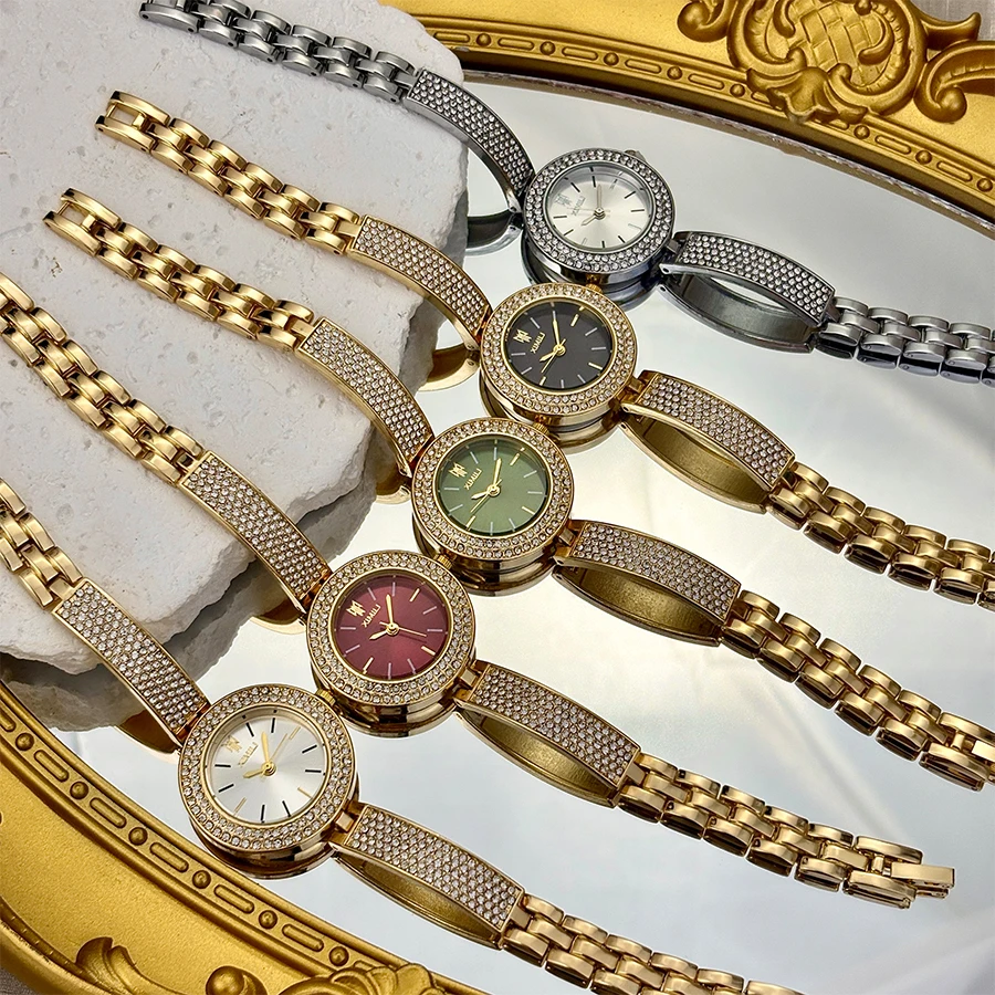 Delicate Full Diamond Women Watch  Elegant Gold Watch For Woman with Bangle Curved Strap