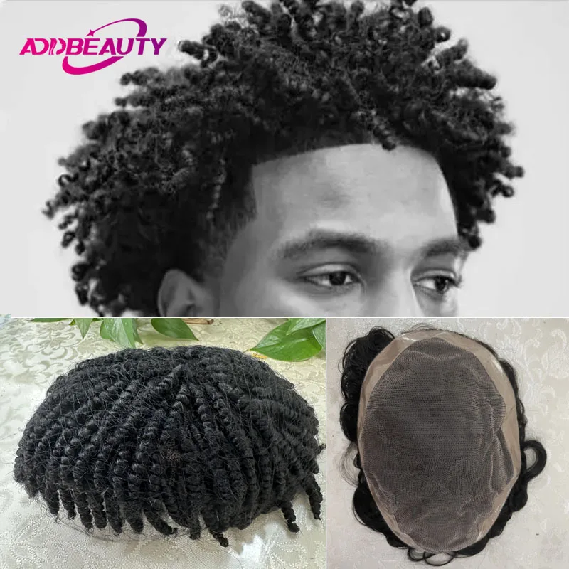 Novo encaracolado peruca do homem cabelo humano fino mono npu indiano remy perucas de cabelo humano sistema de cabelo natural unidade afro masculino peruca linha fina humana