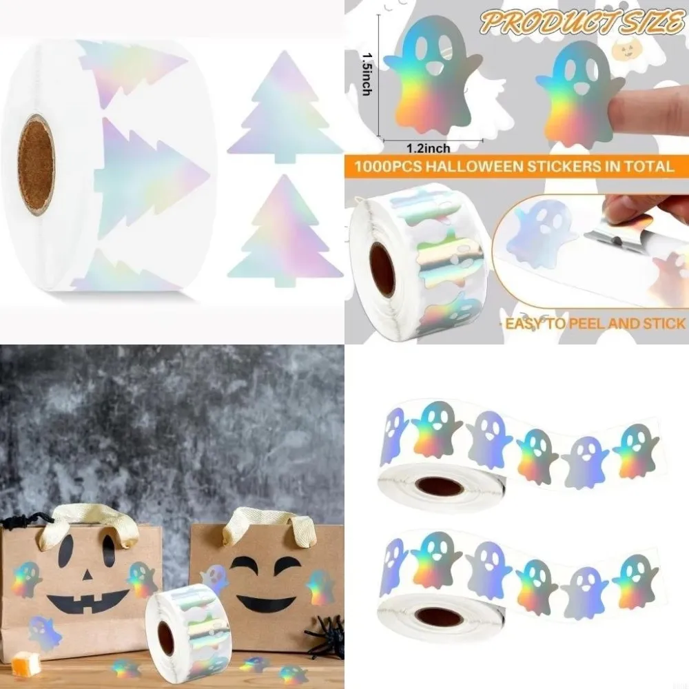 500pcs/roll New Laser Type Halloween Stickers Decorative Paper Waterproof Reflective Labels Ghost Stickers Gift Packaging