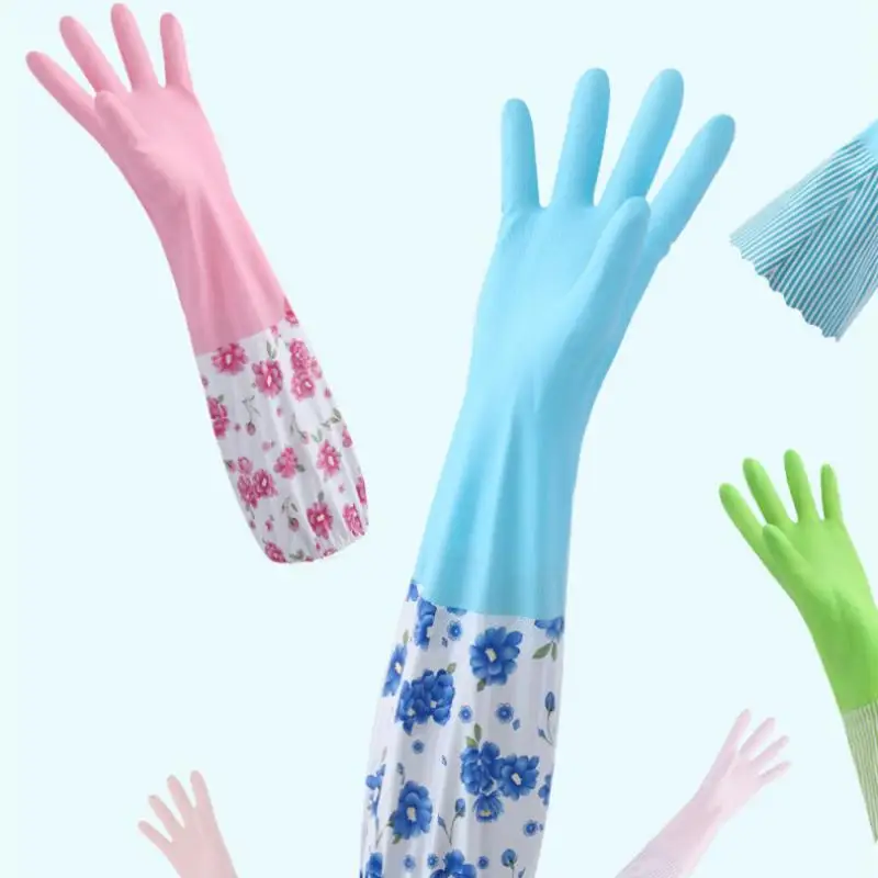 Dishwashing Cleaning Glove Durable Waterproof  Rubber Long Sleeves for Dish Washing Velvet Lining Household