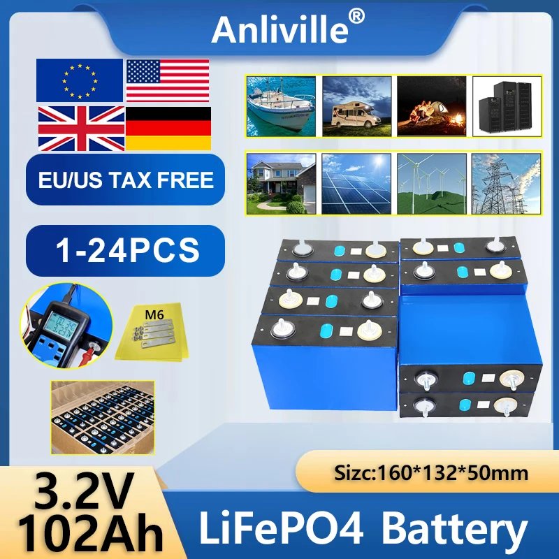 

3,2 В 102 Ач LiFePO4 аккумуляторная батарея для хранения солнечной энергии, автофургонов, ИБП | Высокая емкость, длительный срок службы и стабильная производительность