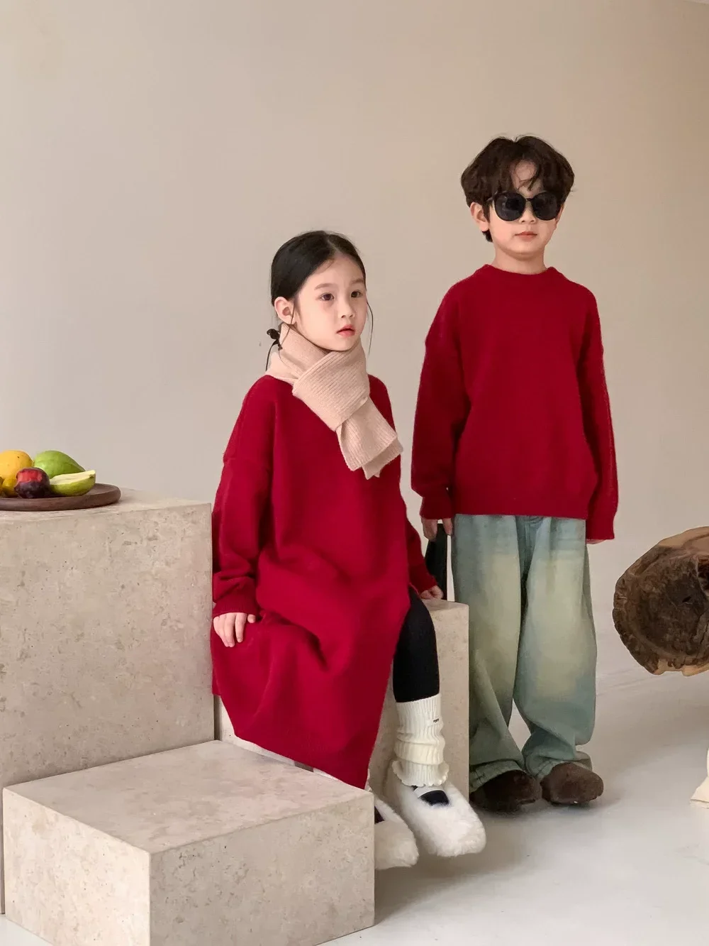 

Children Knitted Sweater Foreign Style Thickened Warm Long-sleeved Top 2024 Winter Boys and Girls Casual Red Knitwear Top