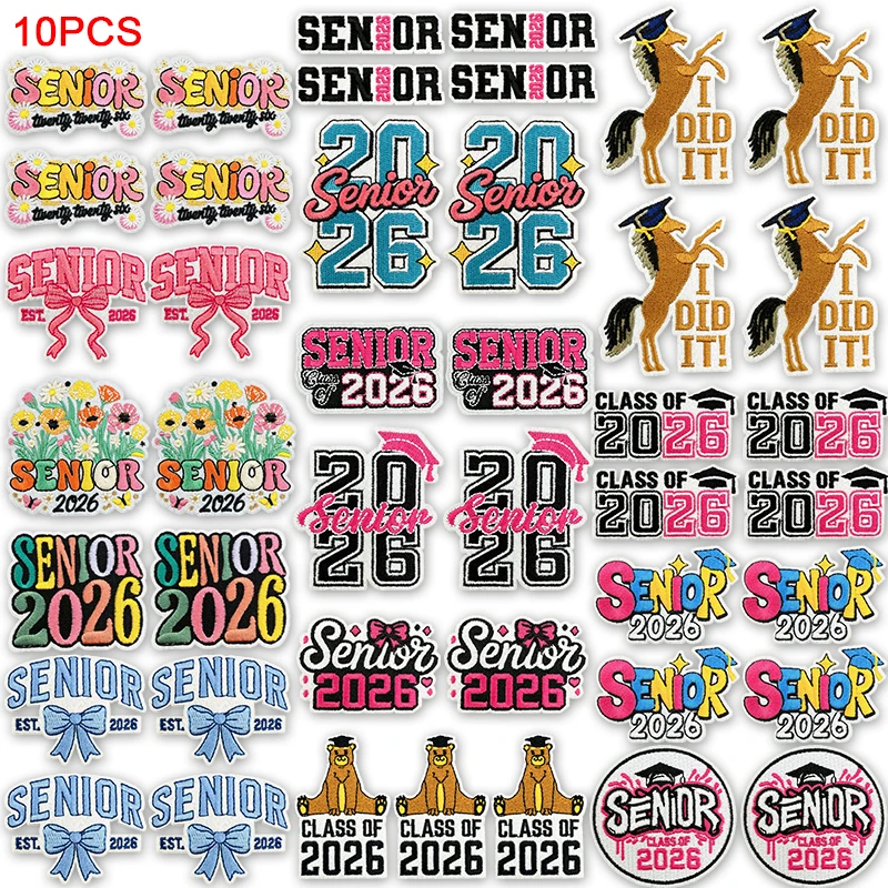 

10PCS Graduation Iron On Patches For Clothes Senior 2026 Grad Cap Horse Bear Embroidered Patches Appliques Diy Accessories Badge