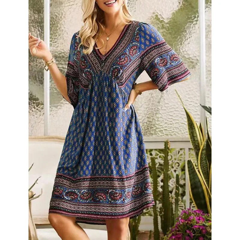 Fashion Short Sleeve Ethnic Style Print Mini Dress Women 2025 Summer Casual  Holidays Boho Dresses For Women Robe Femme