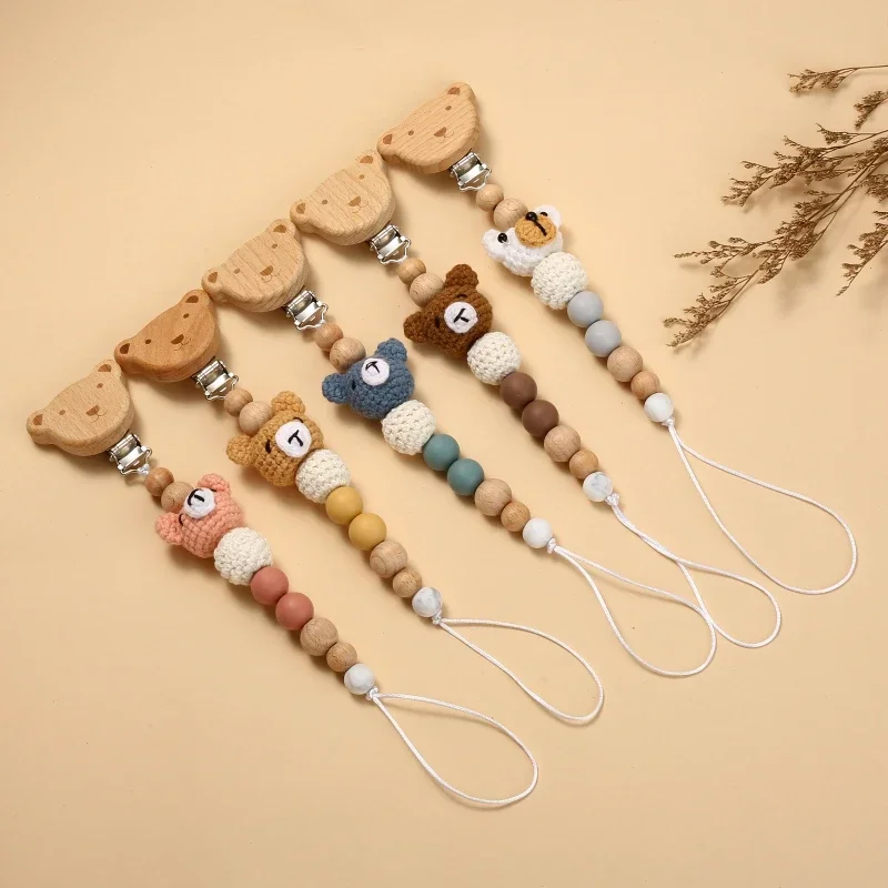 Baby Beech Wood Pacifier Clip Cartoon Animal Crochet Beads Silicone Nipple Chain for Teether Nursing Toys Baby Pacifier Chain view 6