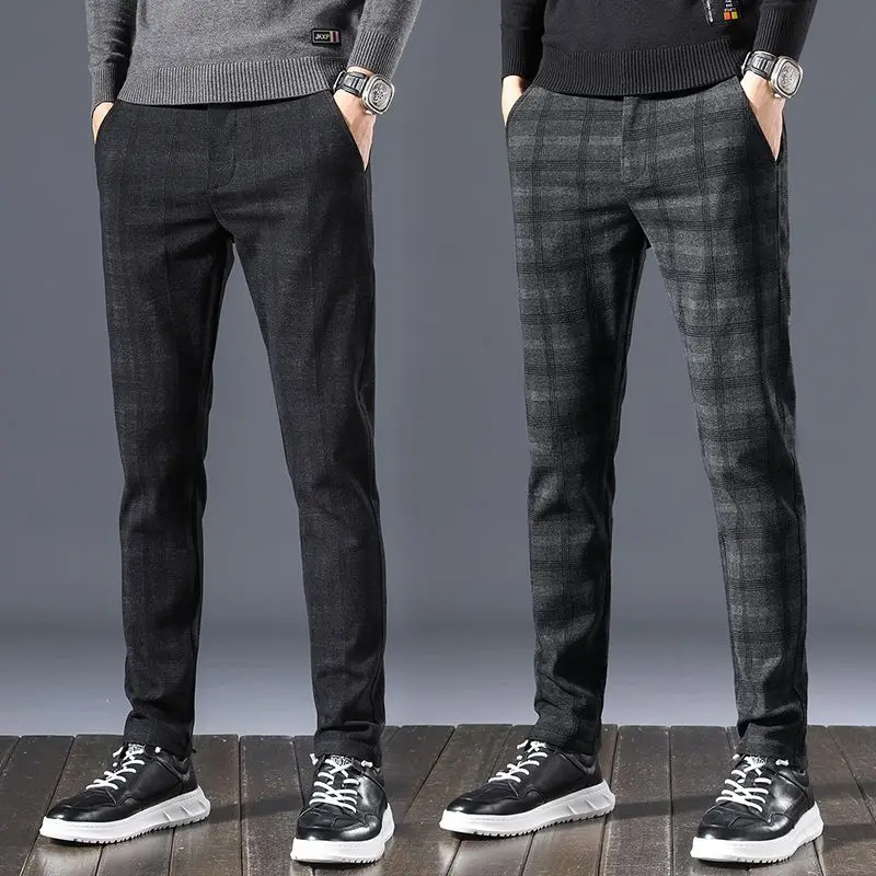 Autumn Winter Casual Pants Men\'s British Plaid Pants Men\'s Stretch Slim Straight Korean Style Fashionable Fleece Trousers Men