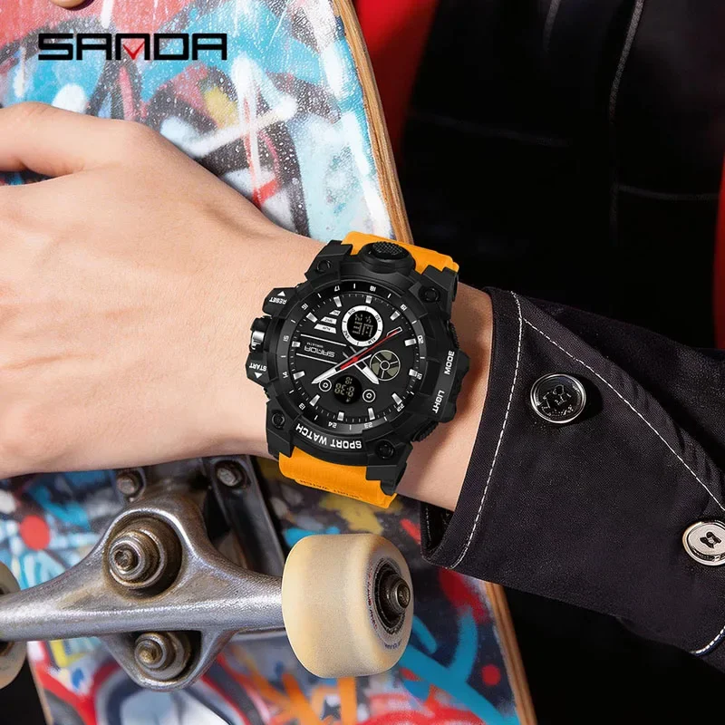 SANDA New Fashion Men Sport Watch Dual Display LED Luminous 5Bar Waterproof TPU Strap Chronograph Outdoor Student Watch view 3