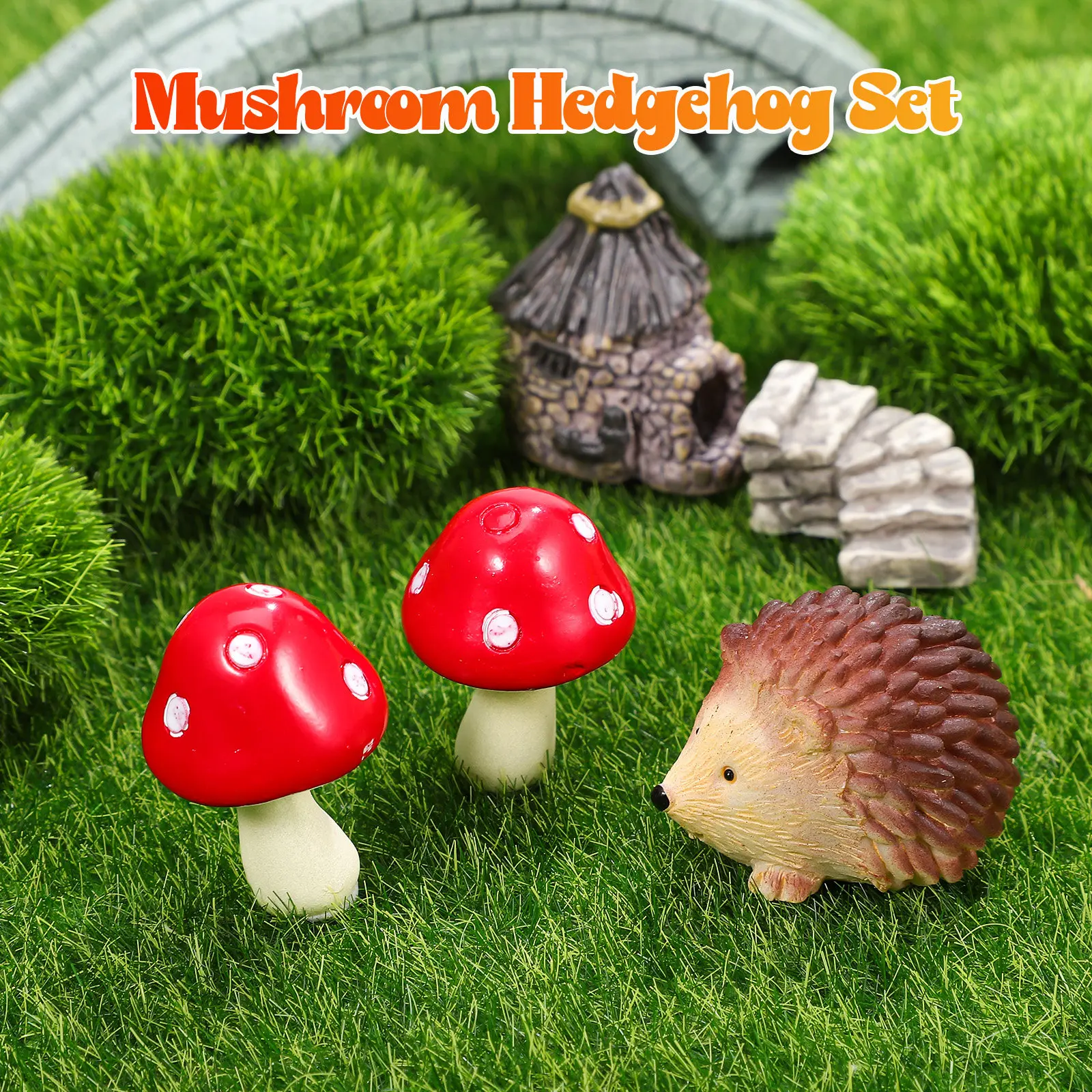 1Set Hedgehog Mushroom Resin Ornament Set Mini Garden Accessories for Crafts Terrariums Potted Plants Charming Decorative