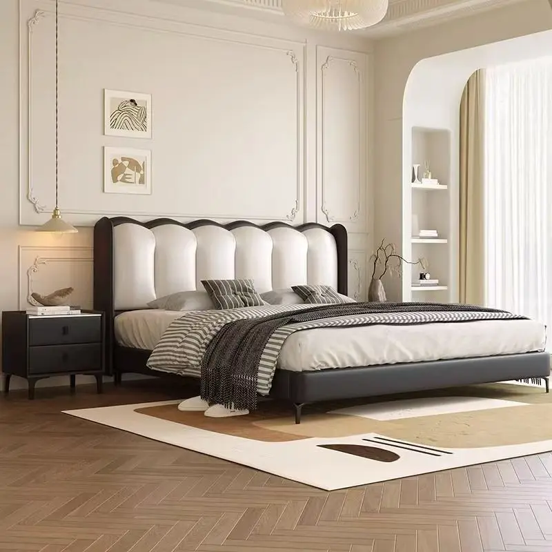 #￥Cheap Price New Arrival Luxury Hotel Bedroom Furniture King Size Bed Frame with Contemporary Soft Wood Mid-century Modern Bed