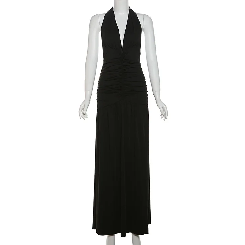 Vestido De noche negro sin mangas con cuello Halter, Sexy, Espalda descubierta, informal, para fiesta De graduación diaria, en Stock