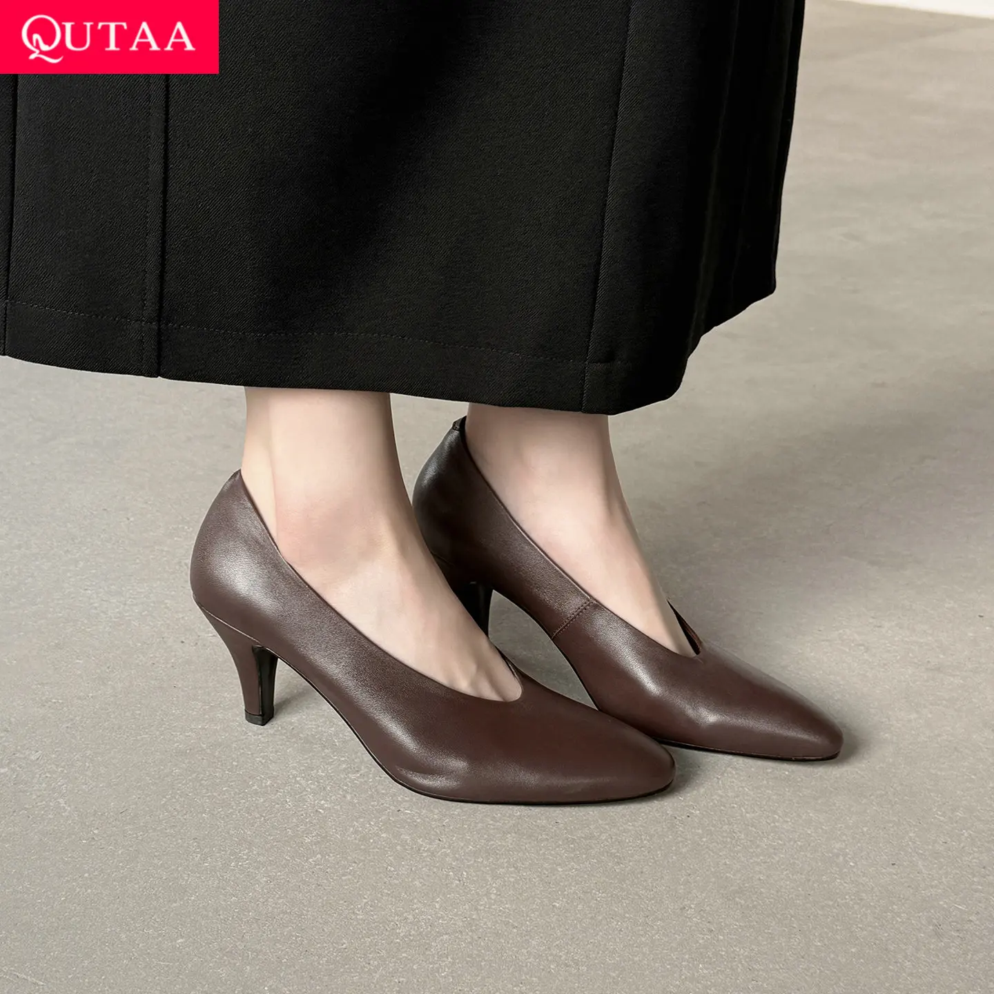 

QUTAA 2026 News Fashion Women Pumps Shoes Slip-on Cow Leather Spring High Heels Work Round Toe Black Shoes Dress Party 34-40