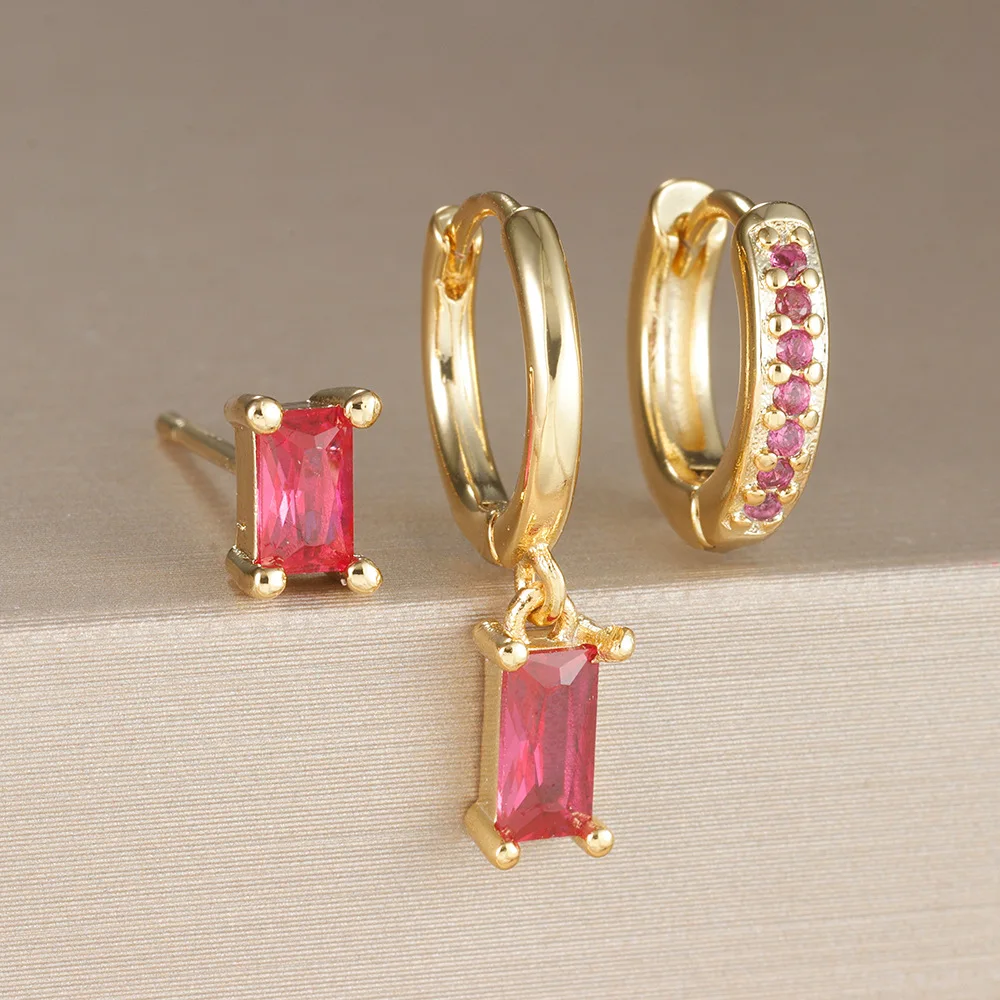 أقراط الزركون المستطيلة الجديدة عبر الحدود الأوروبية والأمريكية، أقراط الزركون الملونة المرصعة بشكل دقيق، مجموعة أقراط هندسية