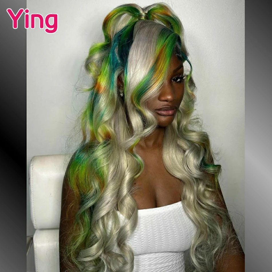 

Highlight Green Yellow Colored 200% Body Wave 13x4 13x6 Lace Frontal Human Hair Wig PrePlucked Brazilian 5x5 Lace Closure Wigs