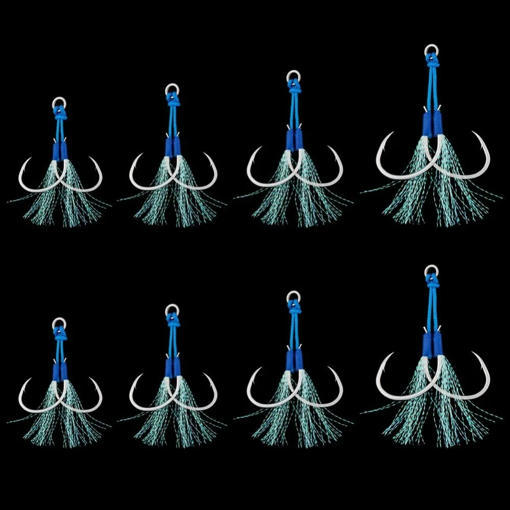 4 Sizes Double Fishing Assist Hooks Kit 8pcs Blue Seal Slow Fast Fall Jigs Fishing Hook Sea Fishing Jigging Lures Hooks