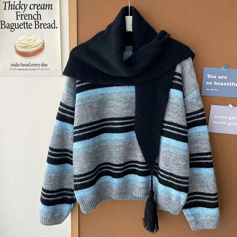 Women's Autumn Winter New Green Striped Regular Shoulder Sweater With Scarf Shawl Layered Two-piece Set