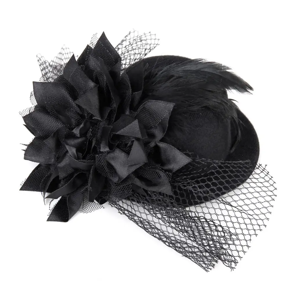 กิ๊บติดผมประดับดอกไม้สําหรับสุภาพสตรี Feather Burlesque Punk Mini Top Hat-สีดํา