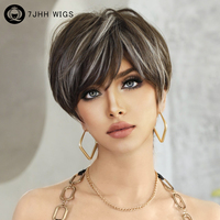 7JHH WIGS Ombre Brown Short Bob Wig for Women Daily Party Synthetic Highlight Straight Hair Wigs with Fluffy Bangs Pixie Cut Wig