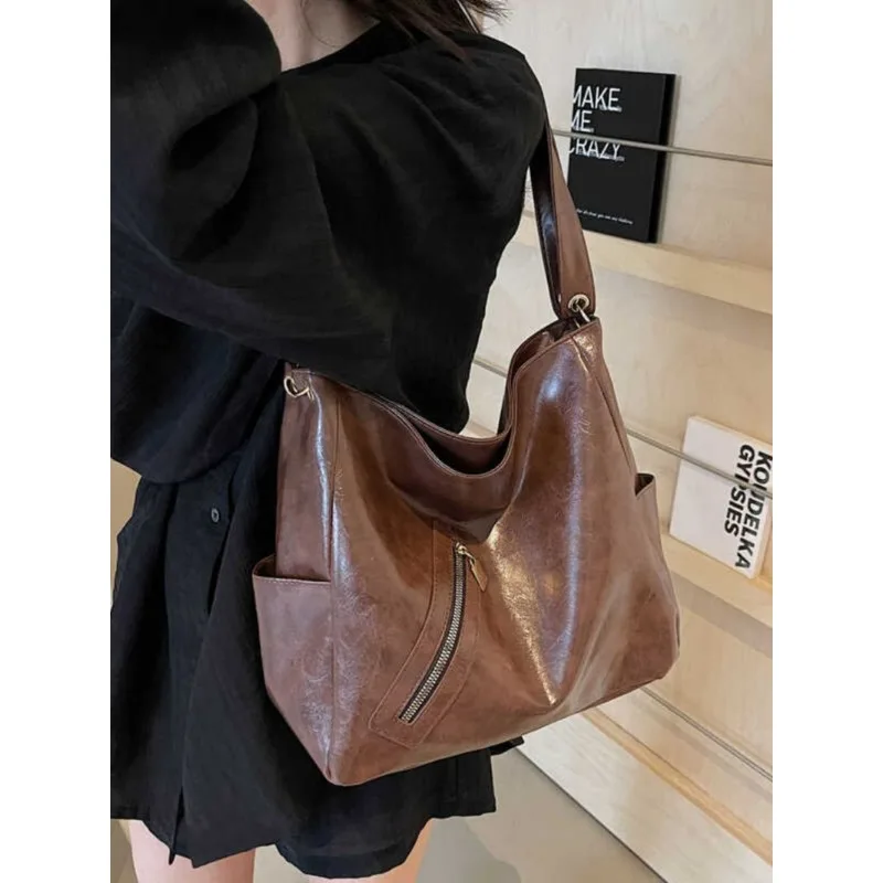 

Foufurieux Black Womens Tote Bag Aesthetic Vintage Fashion Advanced Leather Shoulder Bags Autumn Winter Large Capacity Handbag