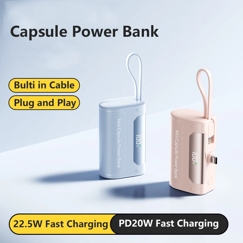 

10000mAh Capsule Power Bank PD22.5W Fast Charging Portable Charger for iPhone 17 16 Samsung Powerbank with Cable Spare Battery