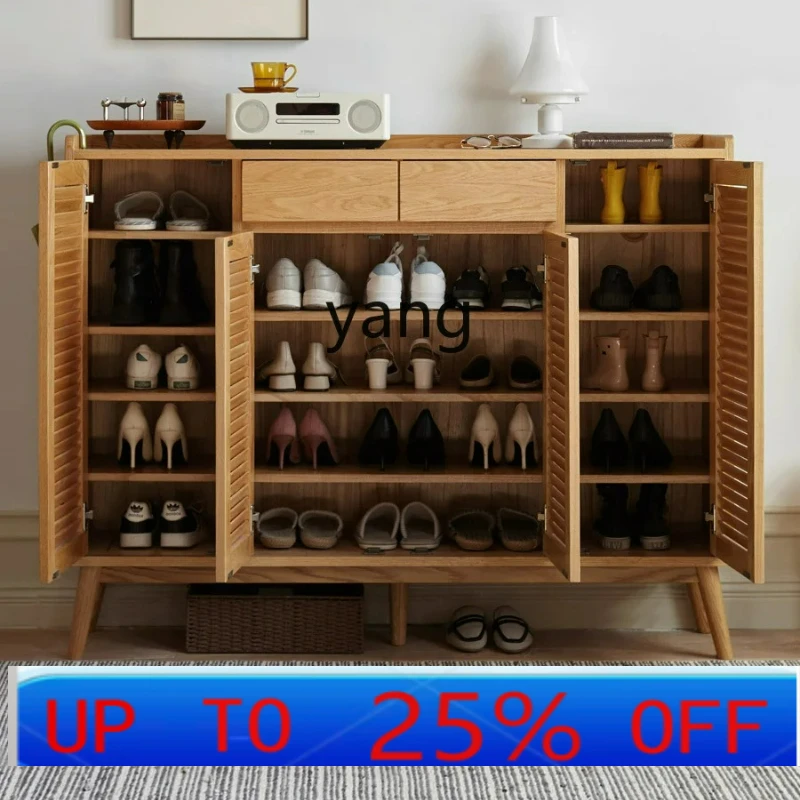 

LTT Solid Wood Shoe Cabinet Home Doorway Entrance Cabinet Living Room Log Shutter Door Storage Cabinet