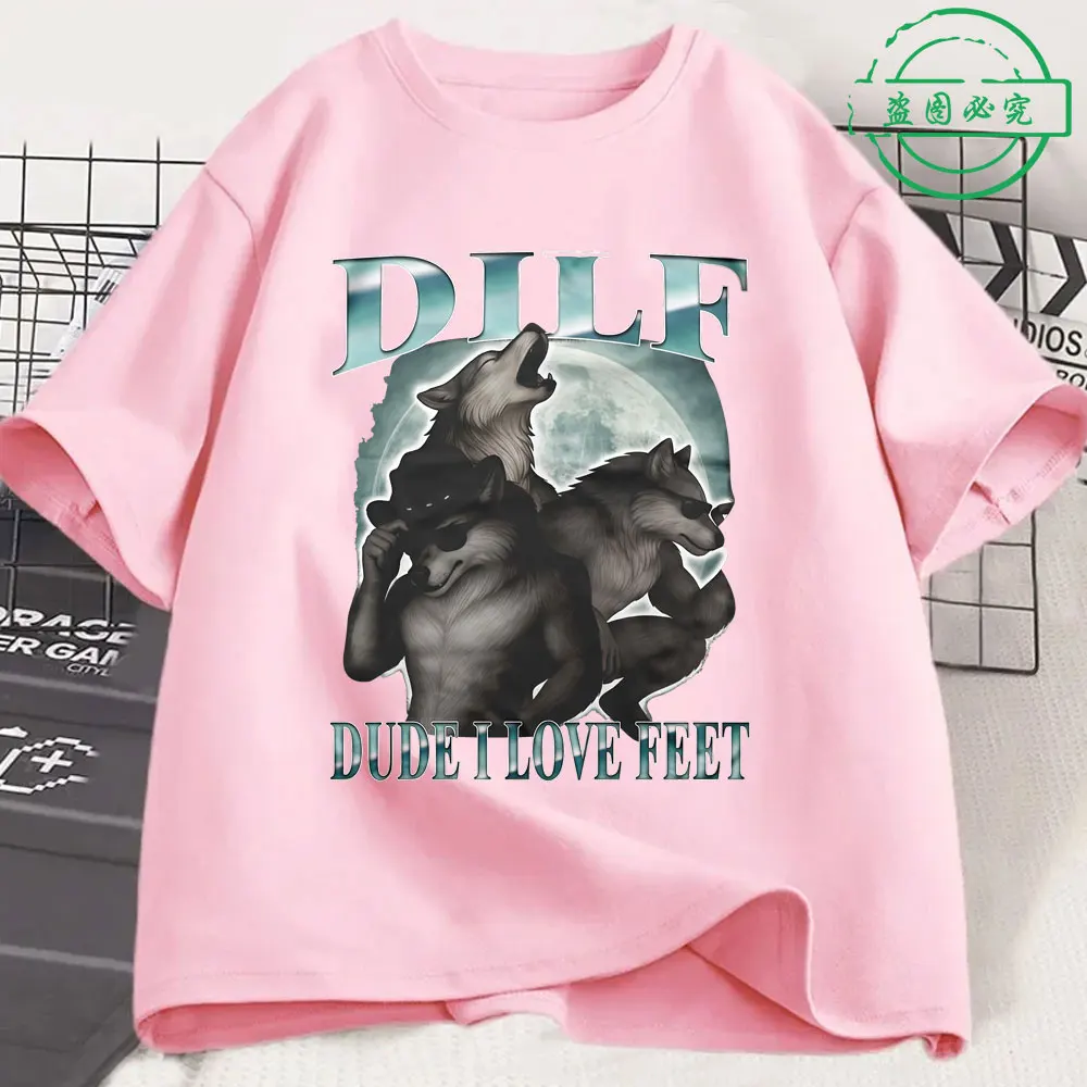 Dilf المتأنق أنا أحب أقدام مضحك الذئب ميمي تي شيرت الرجال النساء الملابس عادية القطن موضة Harajuku المتضخم تي شيرتات قصيرة الاكمام