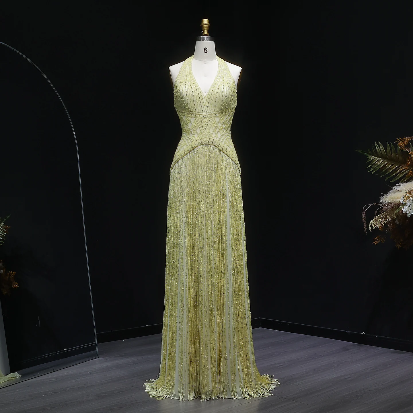 Sharon Said Elegant Yellow Tassle Women's Formal Evening Gown with Halter Deep V Neck Beaded Dubai Party Gown SS554 Customized