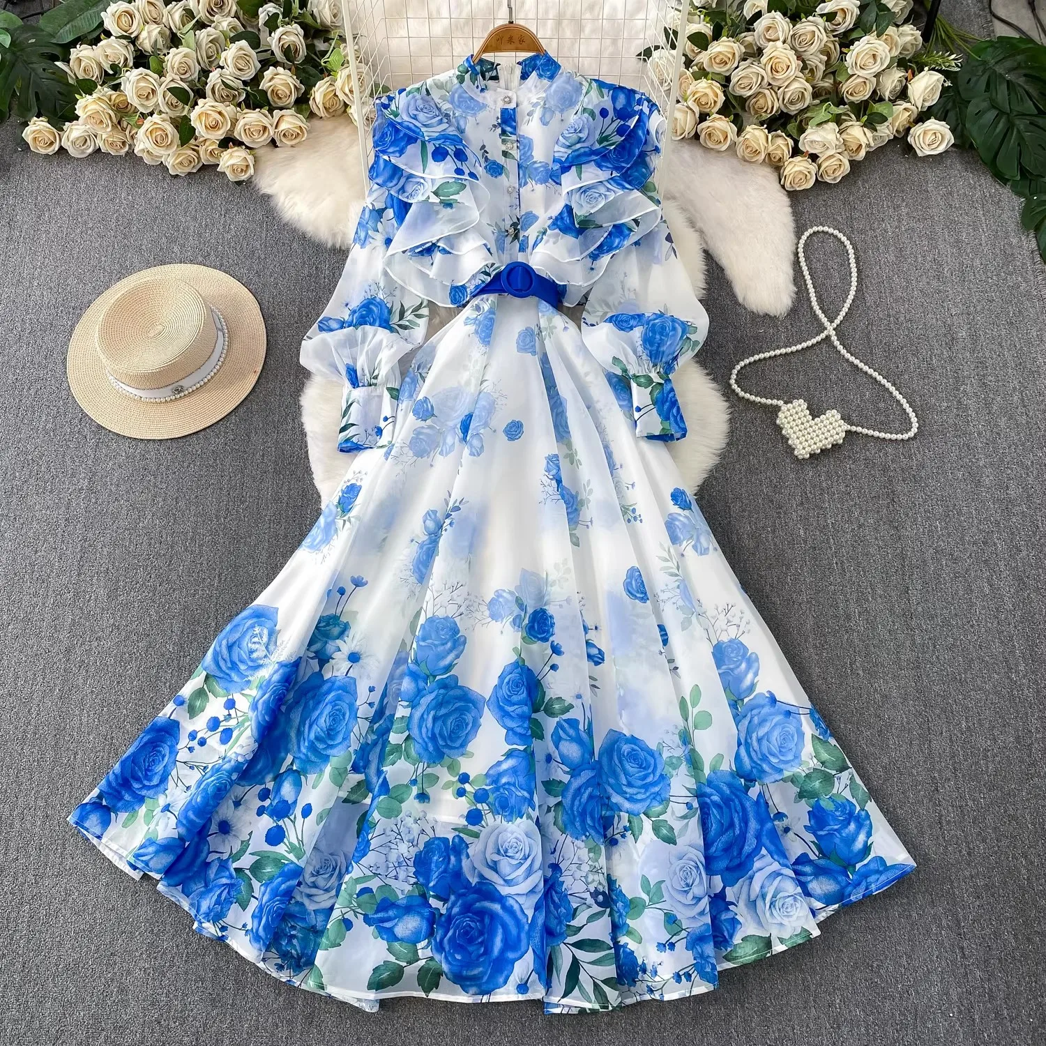

Fashion Elegant Stand Collar Long Lantern Sleeve Big Swing Robe Single Breasted Belt Slim Waist Print Dress Chic Summer Vestido