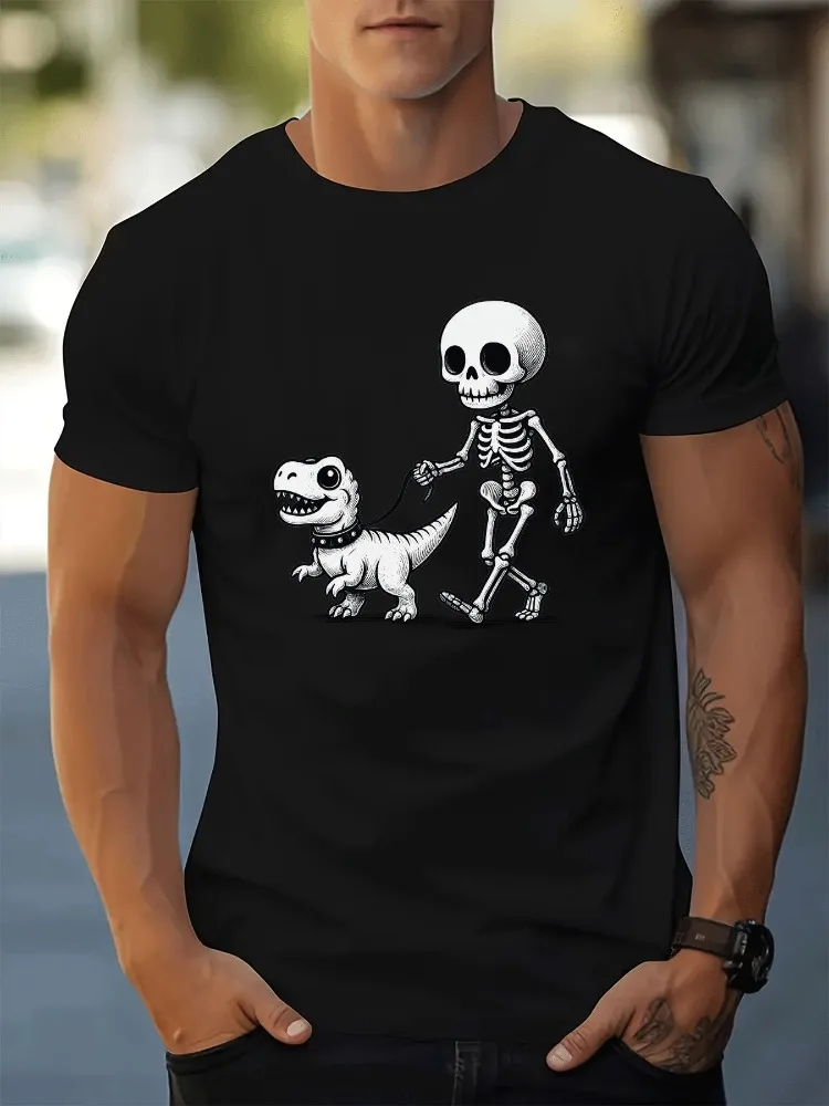 Deep Navy Mens Loose Cotton Tshirt Funny Skeleton Dinosaur Pet Cartoon Print Crew Neck Summer Daily Street Short Sleeve Tee