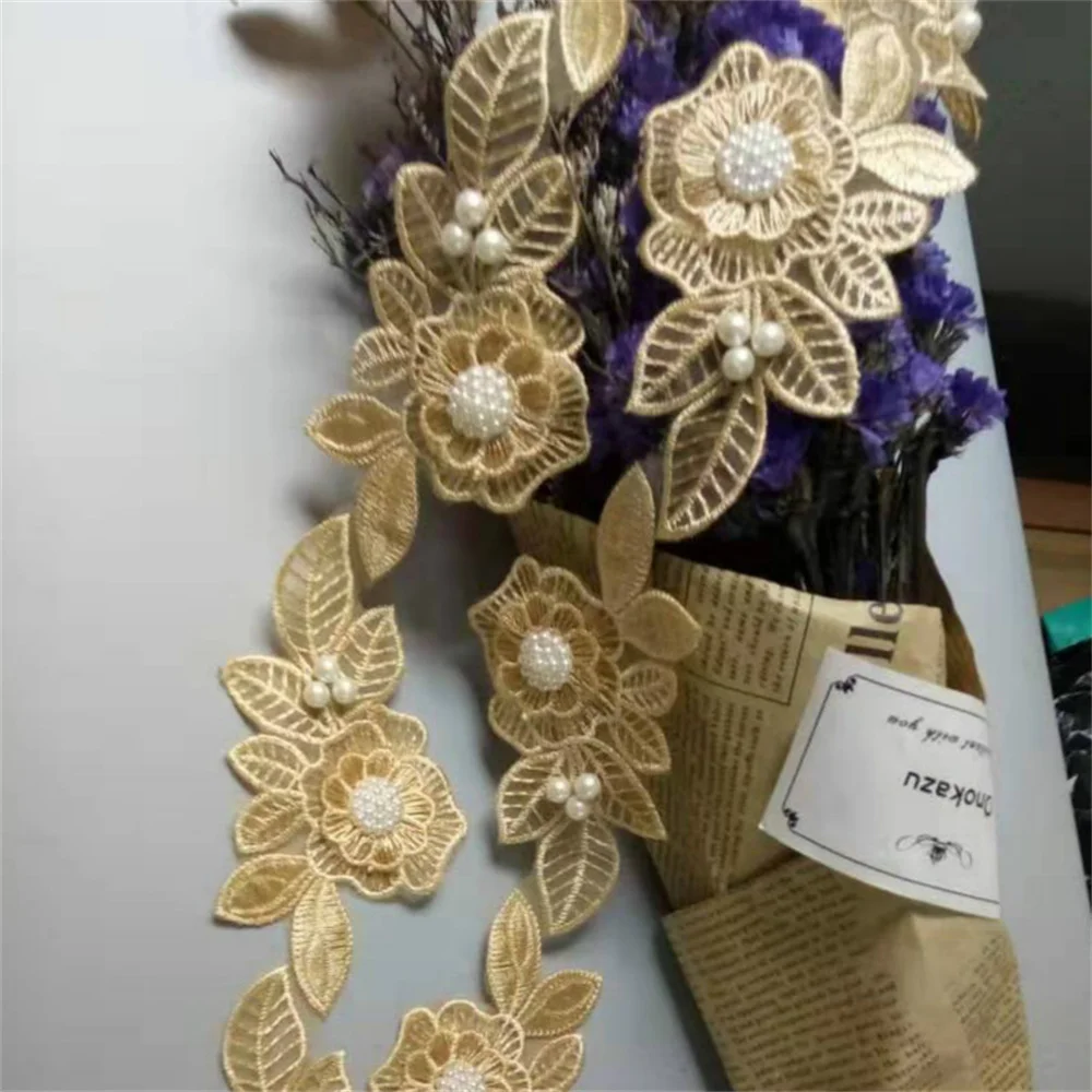 Nuovo 10x Oro Perla In Rilievo Fiore Foglia Ricamato In Pizzo Nastro In Tessuto Fatti A Mano Mestiere di Cucito Per Il Cappello Costume Della Decorazione Calda