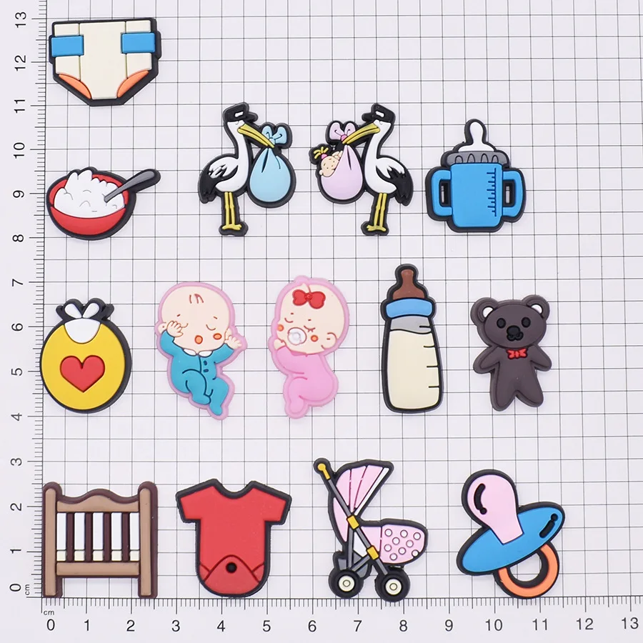Trendy Cute Baby 14pcs Croc Charms PVC Stroller Bottle Shoe Pins Decor for Clogs Kids Toddler Shoe Decorations Baby Shower Gifts view 5
