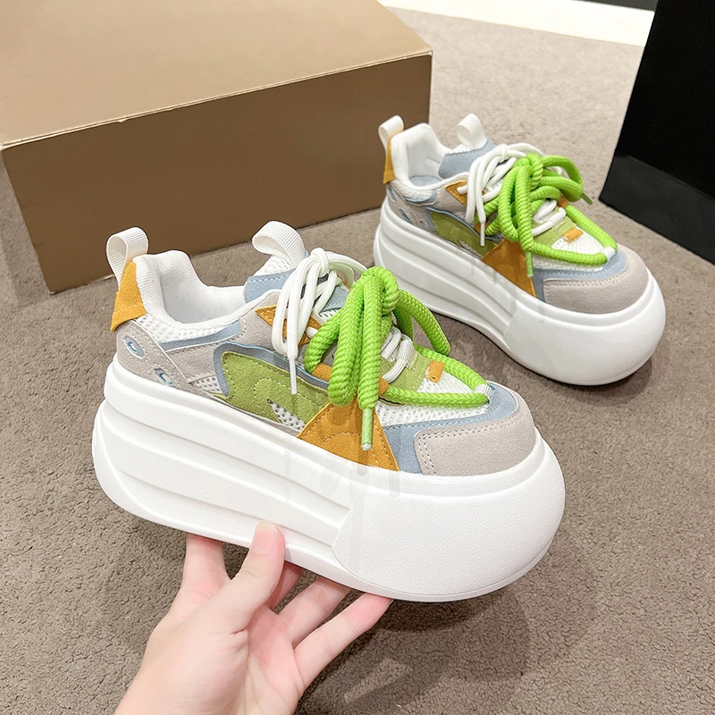 8-センチメートル女性プラットフォームスニーカー革カジュアルレディース分厚い靴白人女性のファッションブランド秋厚底ウェッジスニーカー