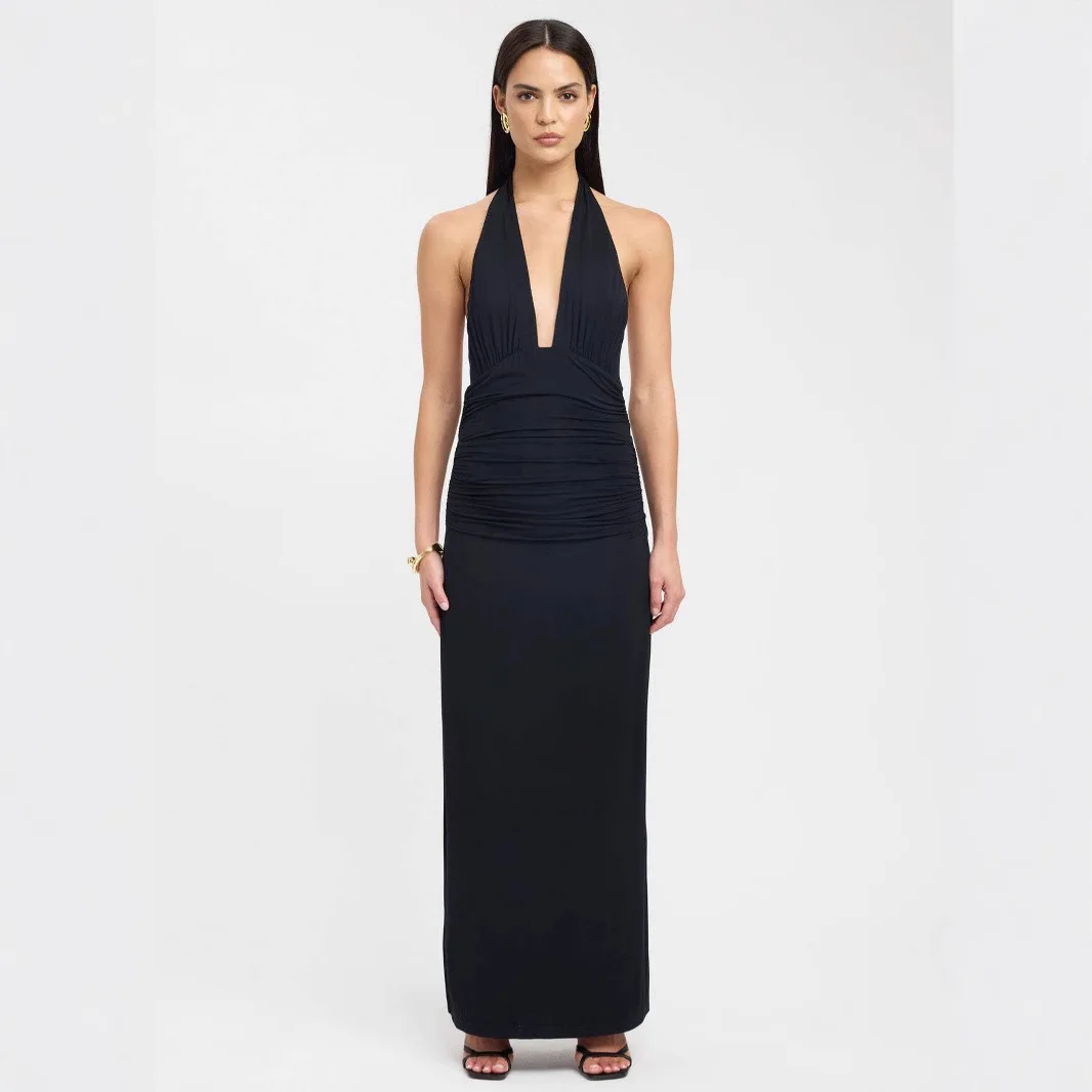 

Hot Girl Slim Halter Neck Long Dresses Sexy Deep V-neck Backless Leace-up Fold Package Hip Dress Summer New Lady Maxi Vestidos