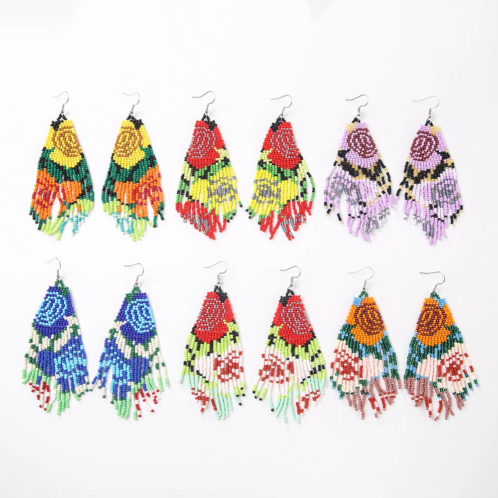 Rice Bead Earrings  Hand knitting  Retro  Color matching  Beaded  Flower Simple  Bohemia  geometry  alloy  Fringe Earrings