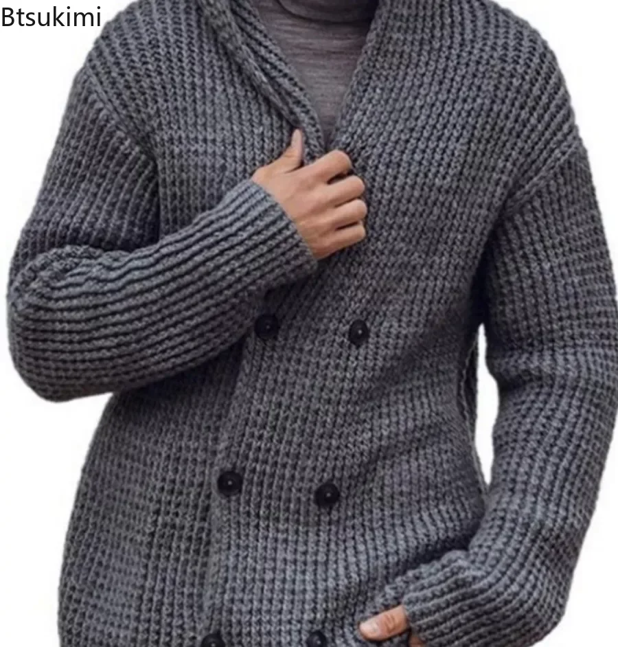 Nieuwe 2024 Heren Double Breasted Cardigan Capuchon Trui Effen Herfst Winter Lange Mouw Gebreide Jas Heren Trui Vest