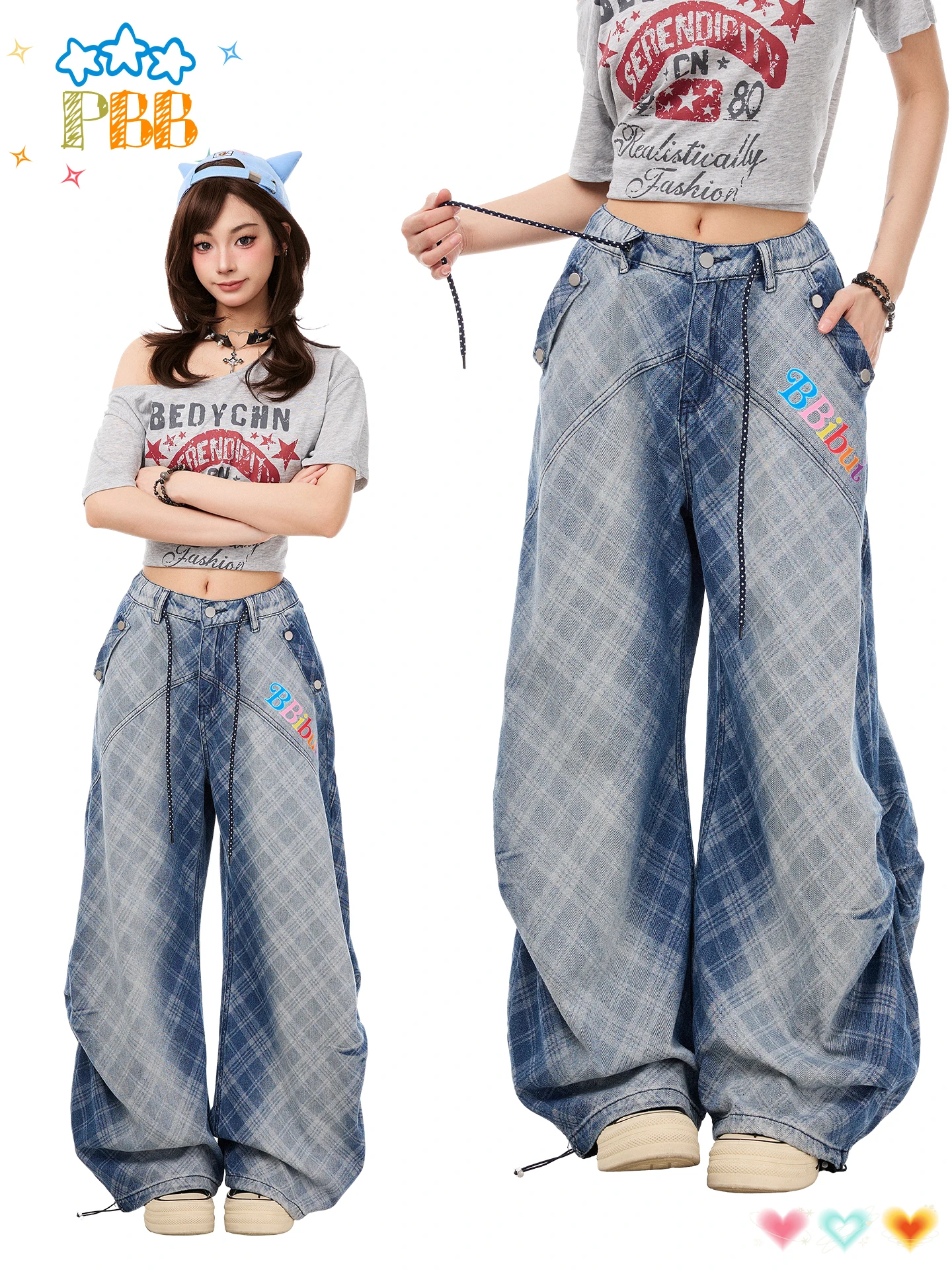 

PBB American Retro Washed Blue Denim Pants Women Loose High Waist Commute Wide Leg Floor-Length Trousers Knife