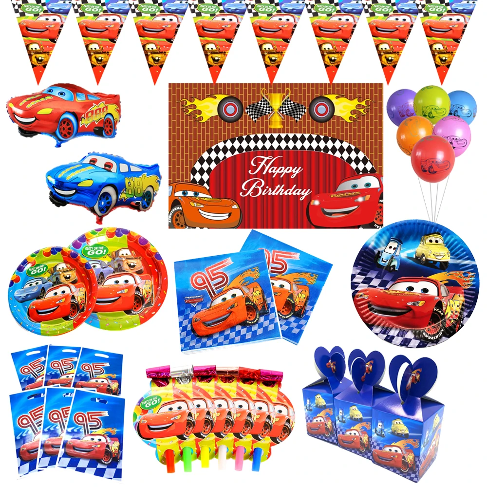 Disney Lightning McQueen Cars Birthday Party Decoration Set Disposable Tableware Paper Plate Cup Banner Tablecloth Baby Shower