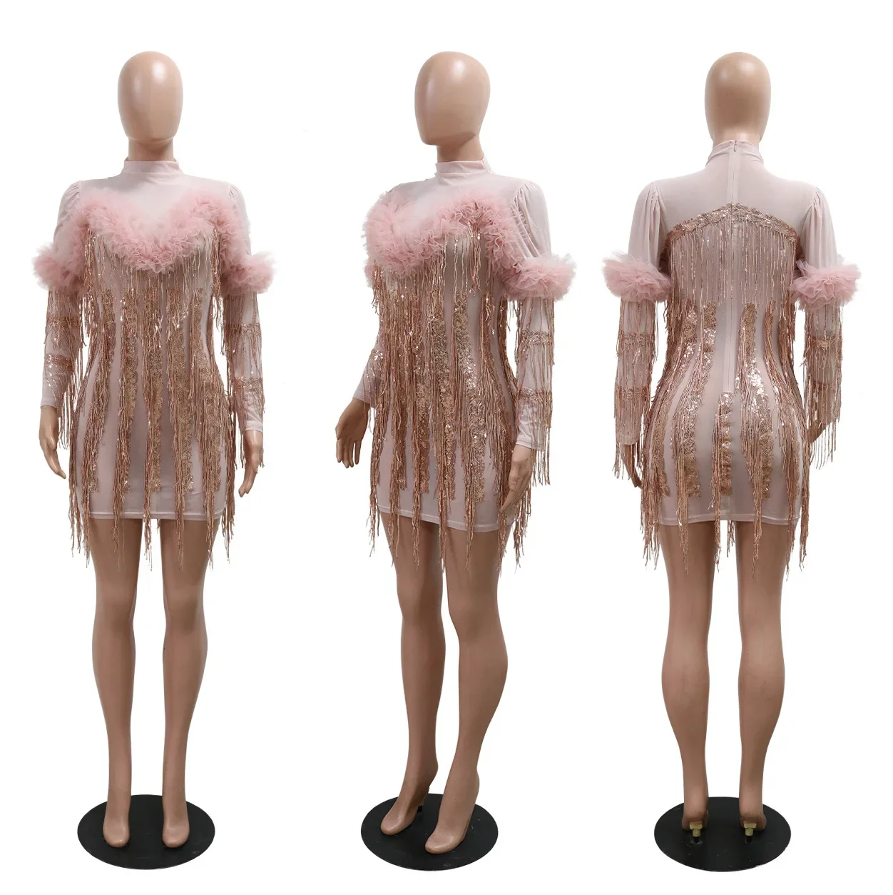 Pink Sequin Fringe Dress Lady Party Bodycon Evening Dresses 2024 Women Summer Elegant Luxury Mini Pleated Mesh Ruffle Dresses