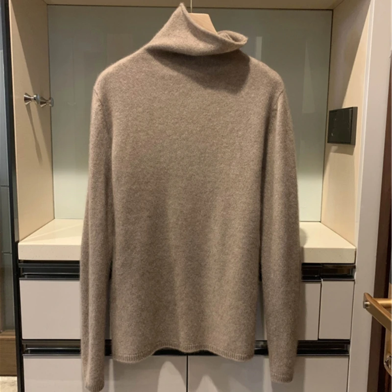 Women's Long Sleeved Spring And Autumn Solid Color Silk Thread Jumper Top High Neck Pullover Loose Base Basic Knit Sweater