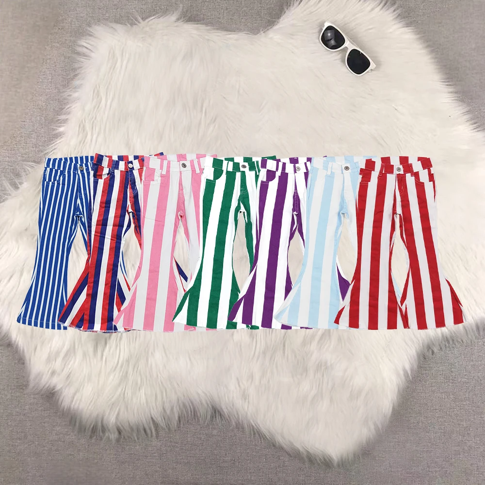 

P0105 Wholesale Hot Sale RTS jeans Pink white striped denim pants Western Boutique new arrival jeans baby girls clothes